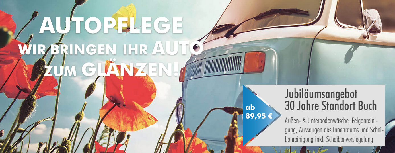 Werbegrafik für das Jubiläumsangebot Autopflege von Hand ab 89,95 Eur