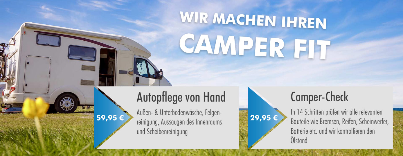 Werbegrafik für das Jubiläumsangebot einen Camper fit zu machen. Autopflege von Hand und ein Camper-Check werden beworben.