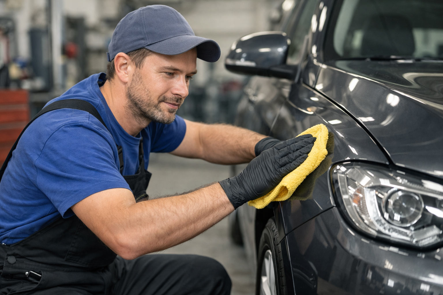 Mitarbeiter pflegt Kotflügel mit einem Lappen